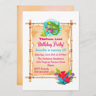Convite Green Lizard Tropical Luau Birthday Invite
