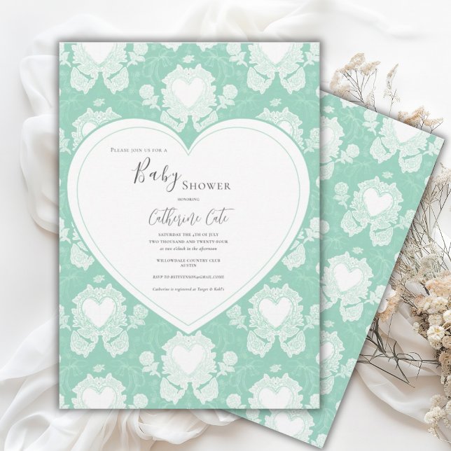 Convite Green Mint Floral Whimsical Heart Baby Shower  (Criador carregado)
