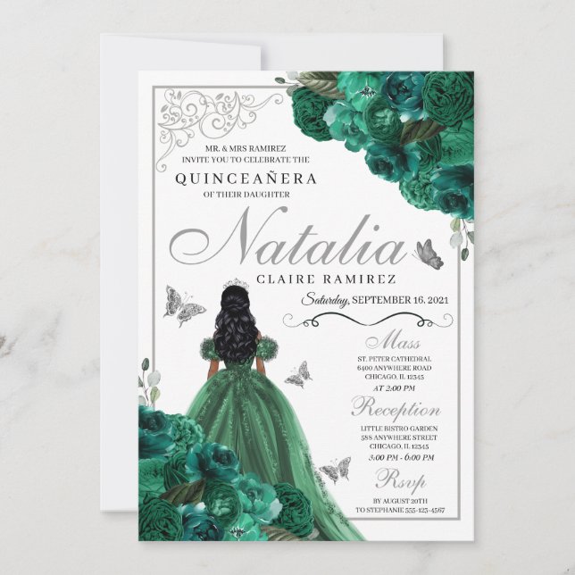 Convite Green Mis Quince Anos Princess Dress Butterflies (Frente)