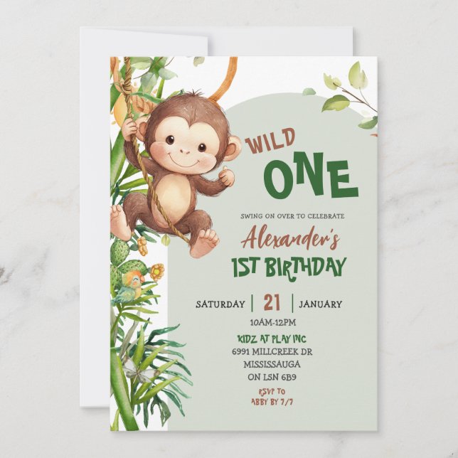 Convite Green Monkey Wild One Safari First Birthday (Frente)