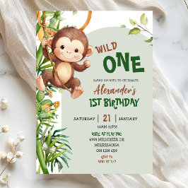 Convite Green Monkey Wild One Safari First Birthday