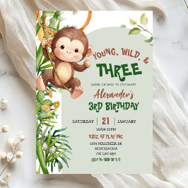 Convite Green Monkey Young Wild Three Third Birthday