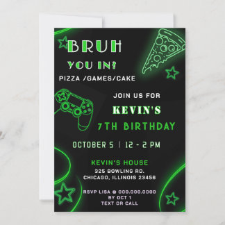 Convite Green Neon Glow Pizza Games Bruto Aniversário