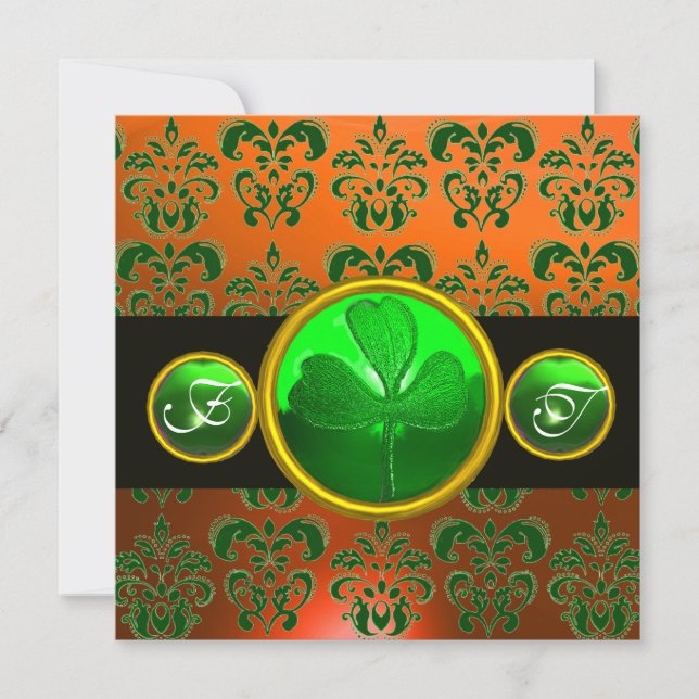 Convite GREEN ORANGE DAMASK, SHAMROCK MONOGRAMA preto (Frente)