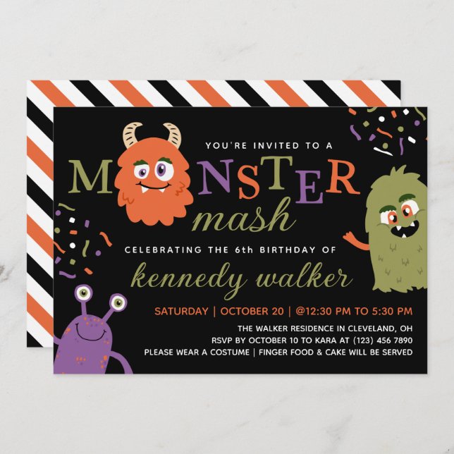 Convite Green Orange Monster Mash Halloween (Frente/Verso)