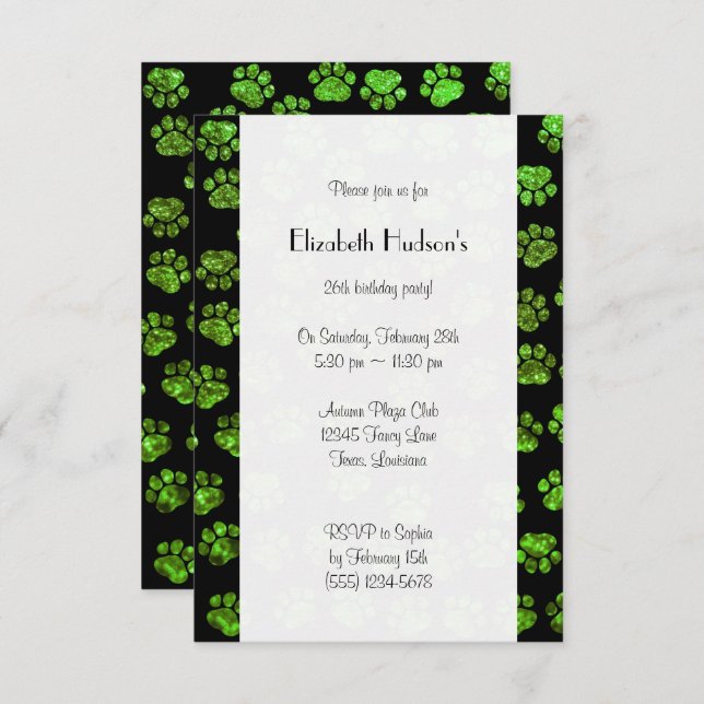 Convite Green Paws, Glitter Paws, Green Glitter, Birthday (Frente/Verso)