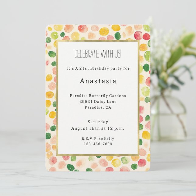 Convite Green Peach Rose Red Yellow Fruity Birthday (Em pé/Frente)