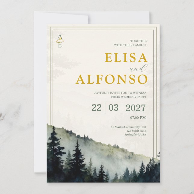 Convite Green Pine Classic Watercolor Monogram Wedding  (Frente)