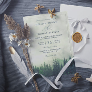 Convite Green Pine Forest Rustic Budget QR Code Wedding