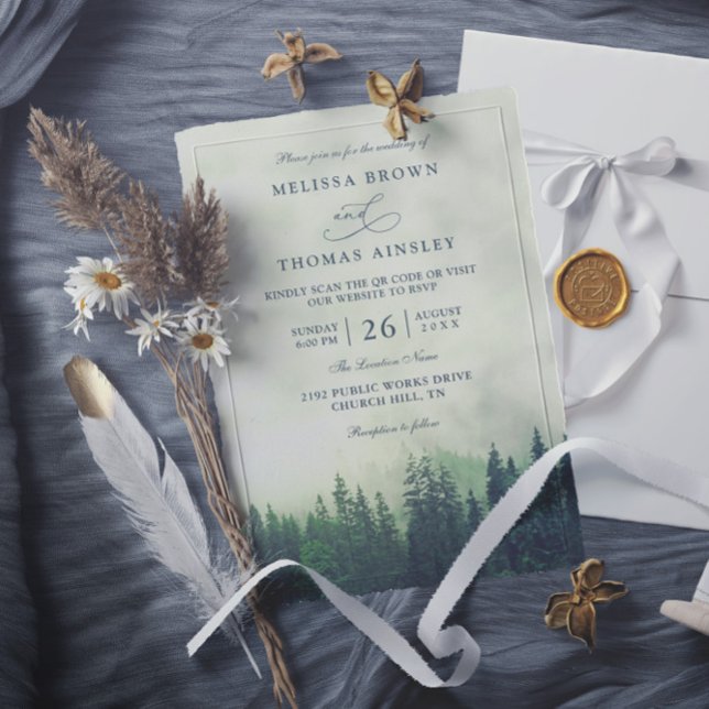 Convite Green Pine Forest Rustic Budget QR Code Wedding (Criador carregado)