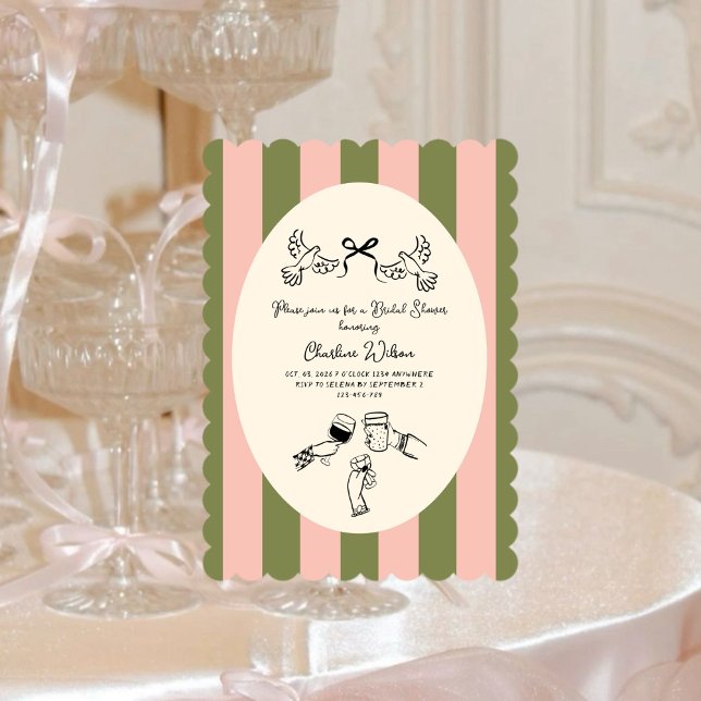 Convite Green Pink Striped Cute illustrated Bridal Shower (Criador carregado)