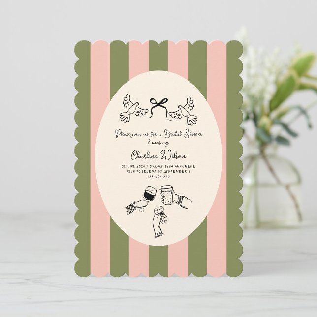 Convite Green Pink Striped Cute illustrated Bridal Shower (Criador carregado)