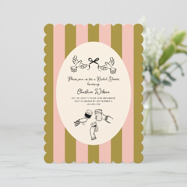 Convite Green Pink Striped Cute illustrated Bridal Shower (Criador carregado)
