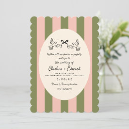 Convite Green Pink Striped Hand drawn Wedding
