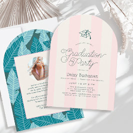 Convite Green & Pink Stripes Palms Graduation Party Photo