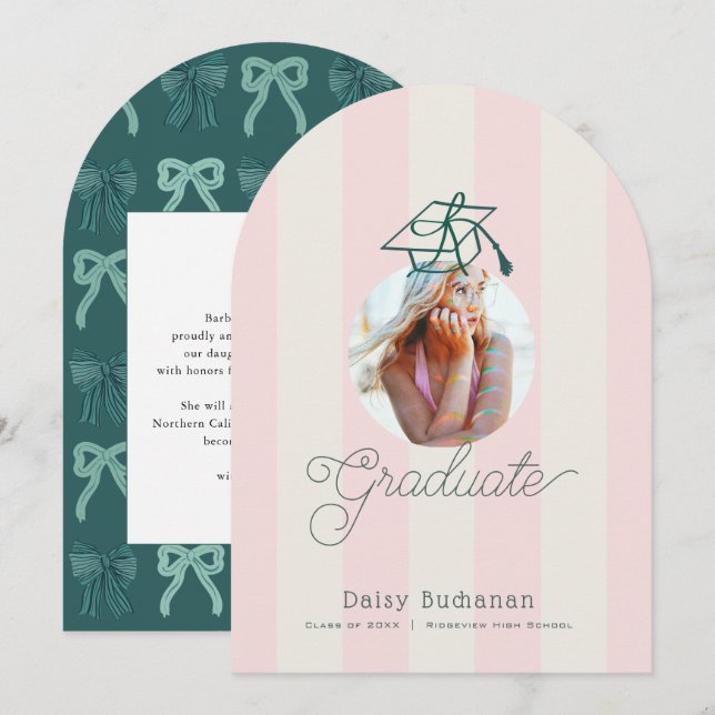 Convite Green Pink Stripes Photo Graduation Announcement (Frente/Verso)