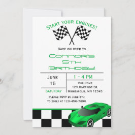 Convite Green Race Car | Custom Kids Birthday Invitation