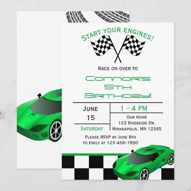 Convite Green Race Car | Custom Kids Birthday Invitation (Frente/Verso)