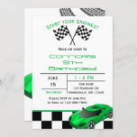 Convite Green Race Car | Custom Kids Birthday Invitation<br><div class="desc">Does your child LOVE cars? Start the party off right with these fun invitations featuring a black and white checkered flag pattern, green race car and tire tracks across the back of the invitation. Easily add your custom information and simply stamp and send! There are also matching accessories available to...</div>
