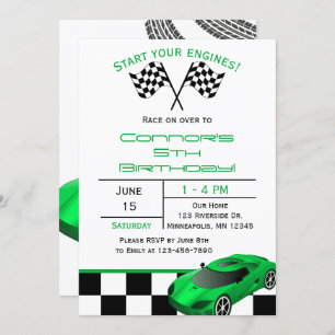 Convite Green Race Car   Custom Kids Birthday Invitation