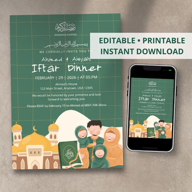 Convite Green Ramadan Iftar Invitation with Mosque, Quran (Criador carregado)