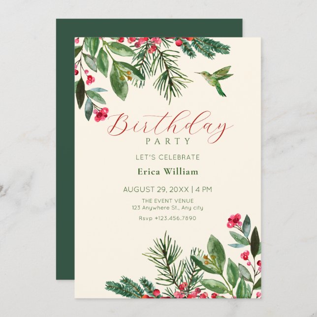 Convite Green red floral birthday (Frente/Verso)