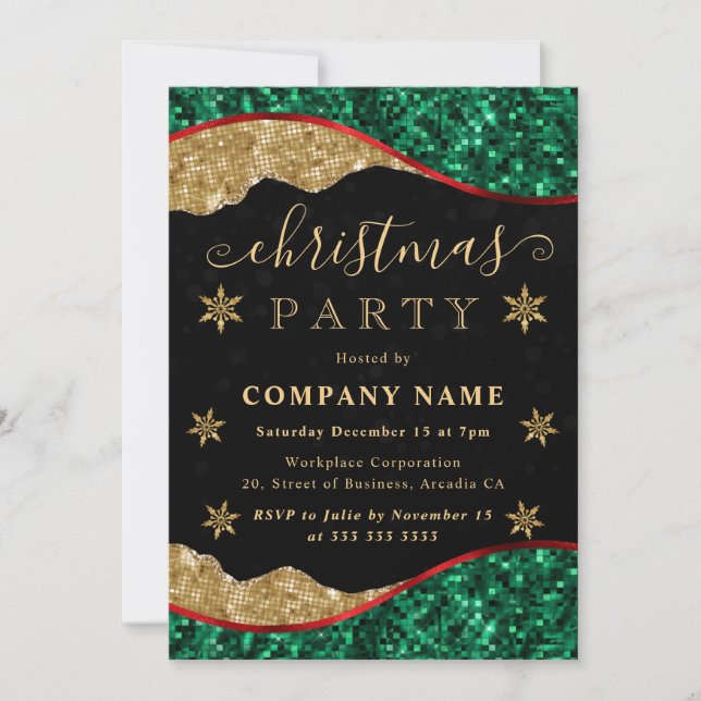 Convite Green Red & Gold Snowflake Company Christmas Party (Frente)