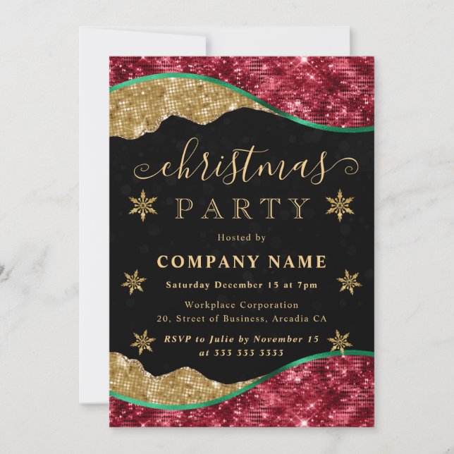 Convite Green Red & Gold Snowflake Company Christmas Party (Frente)