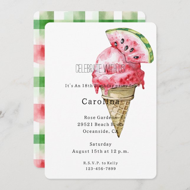 Convite Green Red Watermelon Ice Cream Cone Birthday   (Frente/Verso)