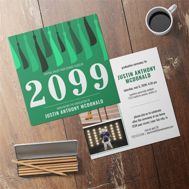 Convite Green Row of Tassels Two-Photo Graduation (Criador carregado)