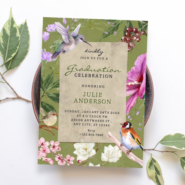 Convite Green rustic floral bird art graduation (Criador carregado)