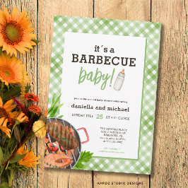 Convite Green Rustic Gingham Barbecue Baby Shower