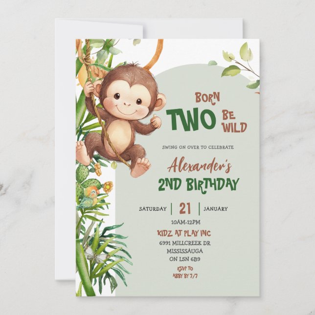 Convite Green Safari Monkey Born Two Be Wild 2nd Birthday (Frente)