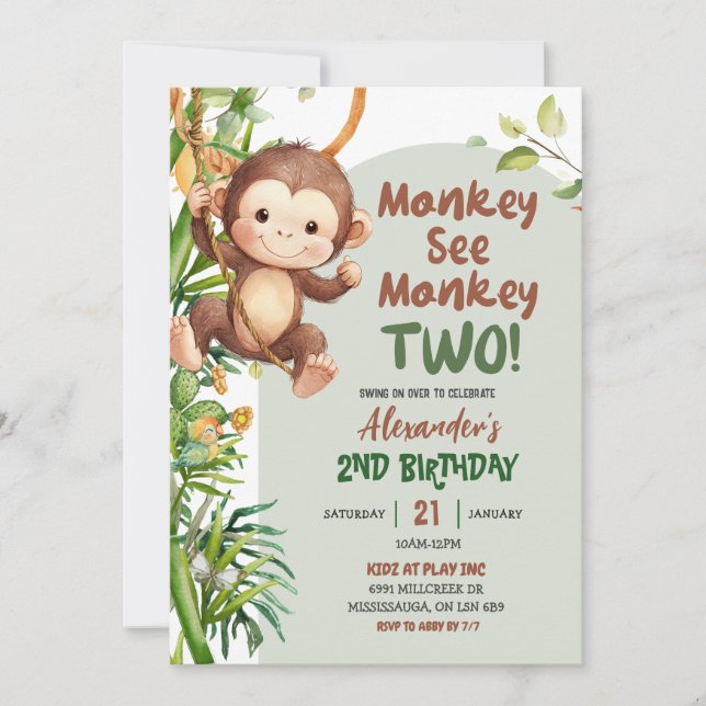 Convite Green Safari Monkey See Monkey Two 2nd Birthday (Frente)