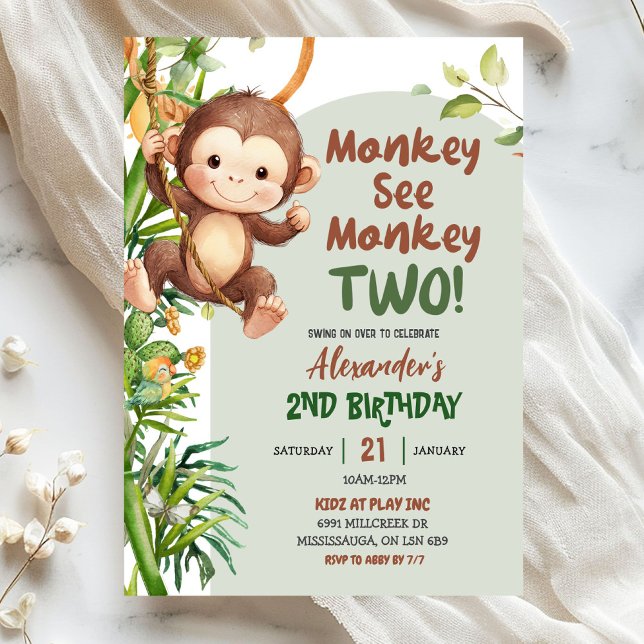 Convite Green Safari Monkey See Monkey Two 2nd Birthday (Criador carregado)