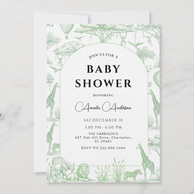 Convite Green Safari Toile De Jouy Boy Baby Shower  (Frente)