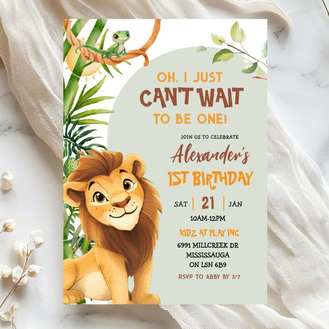 Convite Green Savannah Lion Theme First Birthday (Criador carregado)