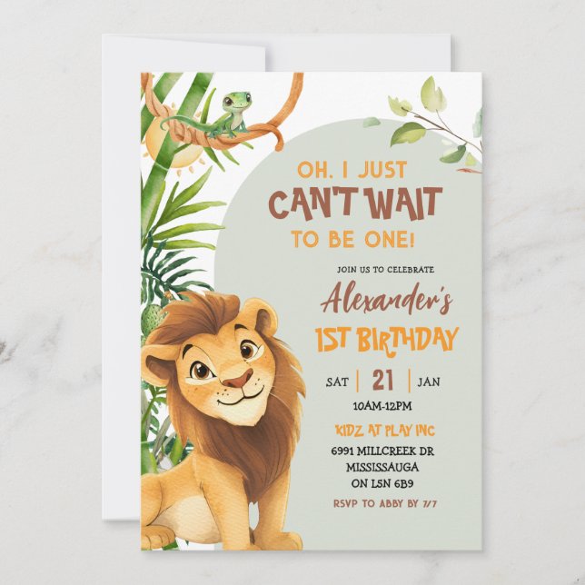 Convite Green Savannah Lion Theme First Birthday (Frente)