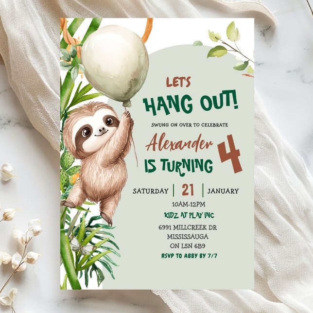 Convite Green Savannah Sloth Let's Hang Out Birthday (Criador carregado)