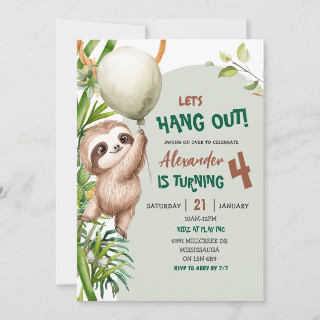 Convite Green Savannah Sloth Let's Hang Out Birthday (Frente)