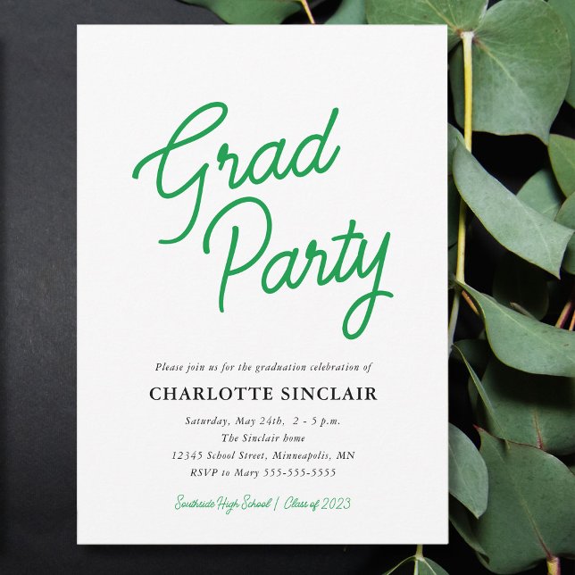 Convite Green Script Simple Budget Grad Party Invitation (Criador carregado)