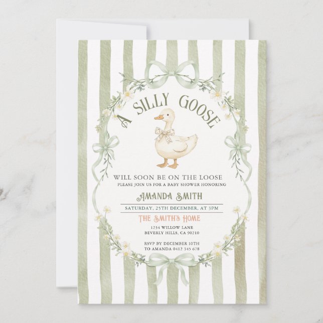 Convite Green Silly Goose Baby Shower Preppy Strpes  (Frente)