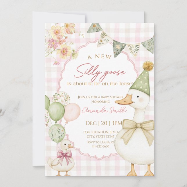 Convite Green Silly Goose Pink Gingham Baby shower  (Frente)