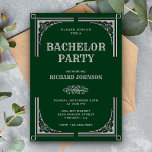 Convite Green Silver Art Deco Bachelor Party<br><div class="desc">Convide seus hóspedes com este Excelente de vintage Gatsby para um convite de despedida de solteiro com uma borda decorativa de prata com tipografia elegante contra um fundo verde. Basta adicionar os detalhes do seu evento neste modelo fácil de usar para torná-lo um convite de tipo único. Sacudir a carta...</div>
