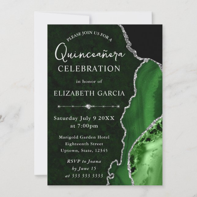 Convite Green & Silver Glitter Ágata Quinceanera (Frente)