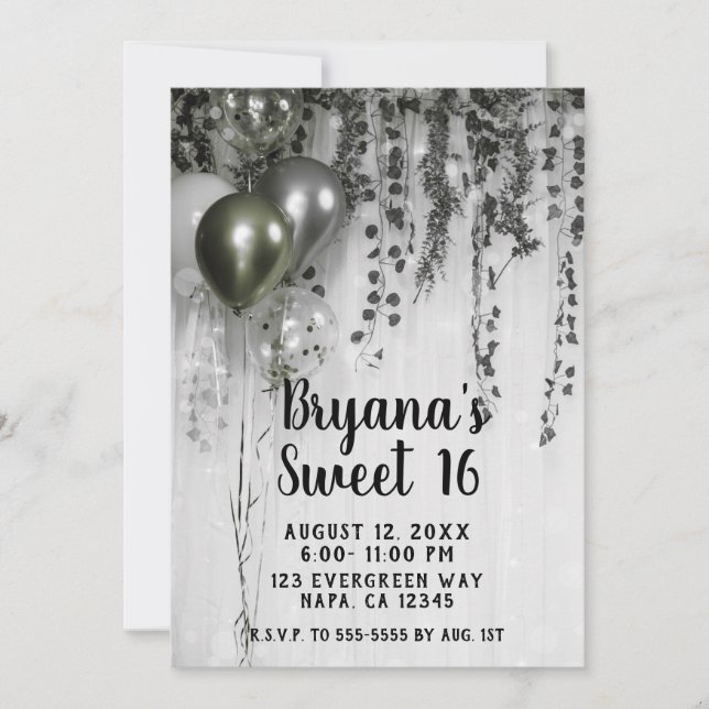 Convite Green Silver Metallic Party Balões Ivy Sweet 16 (Frente)