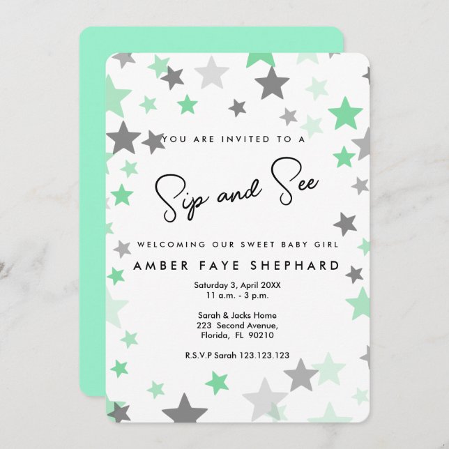 Convite Green Sip and See convida, novo bebê, festa de boa (Frente/Verso)