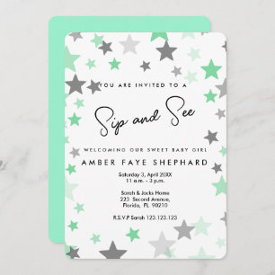 Convite Green Sip and See convida, novo bebê, festa de boa