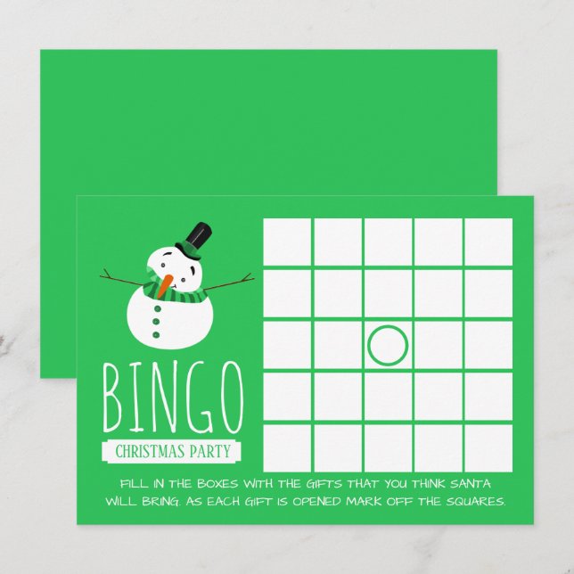 Convite Green Snowman, Bingo da Festa de Natal (Frente/Verso)