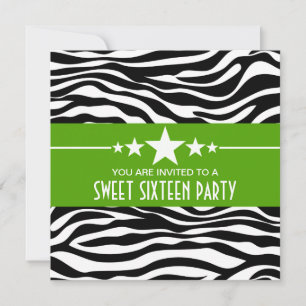 Convite Green Stars Zebra Print Sweet 16 Invite